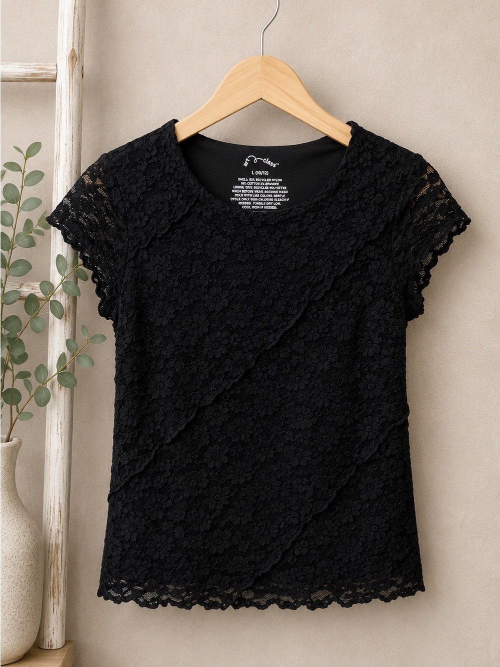 Black Floral Lace Ruffle Top Girls Size L 10/12 Dressy Stretch